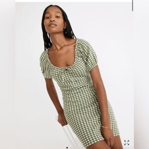 Womens madewell Jacquard Puff-Sleeve Mini Dress in Gingham Check green size XS